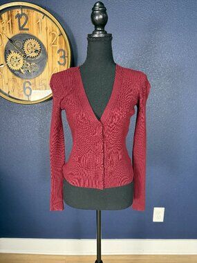Becool Burgundy Ribbed Knit Deep V Neck Fitted Button Front Cardigan | M